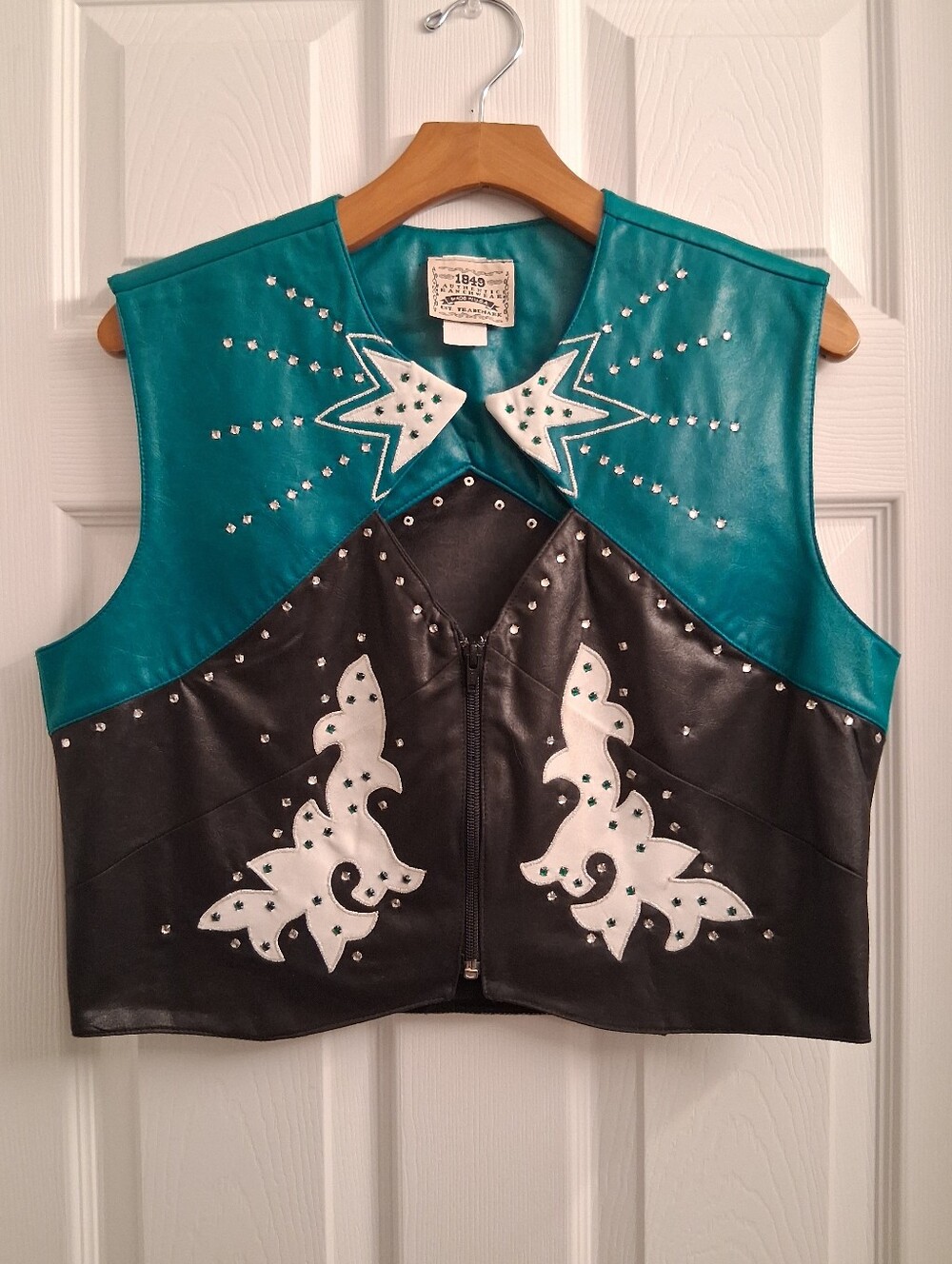 Vintage Faux Leather Western Cropped Vest Large Teal Black White Cowgirl